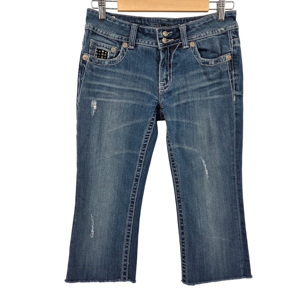 Miss Me Capri Jeans Medium Blue Wash Rhinestone Distressed Raw Hem Y2K 29